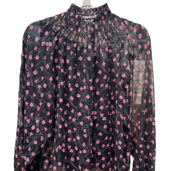 Elizabeth And James EUC Long Sleeve Black Pink Floral Sheer Smocked Neck Top Med - Picture 14 of 16